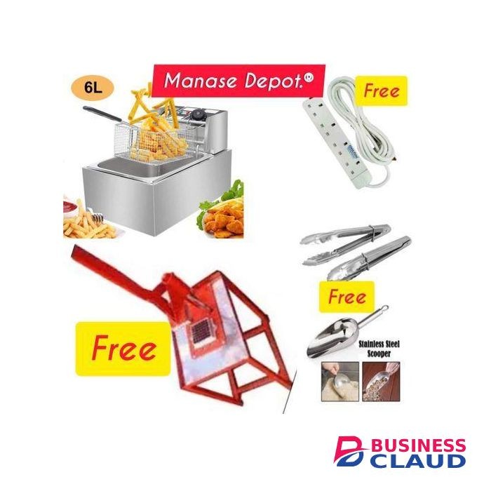 ElectroMate 6 Litres Stainless Steel Electric Deep Fryer – 6L Single Tank /Energy Efficient + FREE Chips Cutter, 4-Way Power Extension, Tongs & Scooper