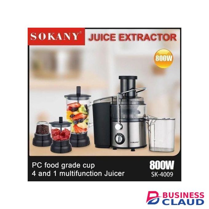 Sokany High performance 4-in-1 Stainless Steel Juicer-High-power 800 Watt Copper Motor, Multi-Function for Juicing, Blending, Grinding, Fruit Extractor, and Chopping, BPA-Free, German Technology, Easy to Clean, Compact