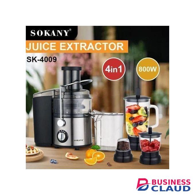 Sokany High performance 4-in-1 Stainless Steel Juicer-High-power 800 Watt Copper Motor, Multi-Function for Juicing, Blending, Grinding, Fruit Extractor, and Chopping, BPA-Free, German Technology, Easy to Clean, Compact