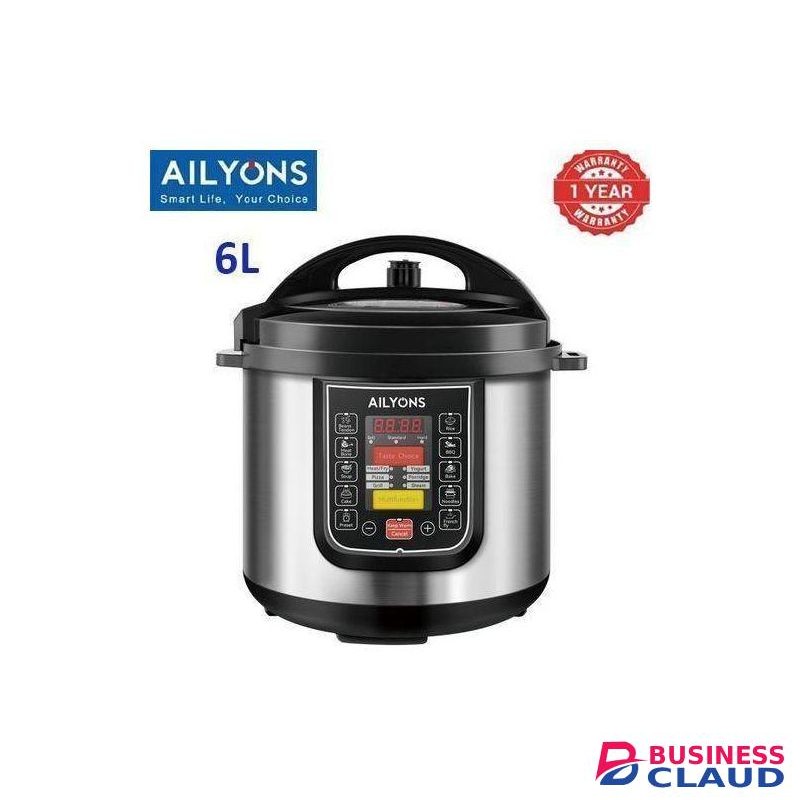 AILYONS silver 5 Litre Automatic Electric Pressure Cooker (900 W, 10 Preset Functions, 1-Year Warranty