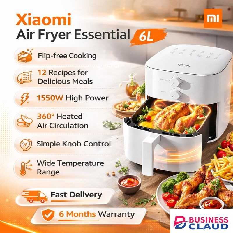 XIAOMI Air Fryer Essential 6l, Flip-free cooking, 12 recipes for delicious meals, 1550W high power, 360° heated air circulation, Simple knob control, wide temperature range, High-temperature resistant