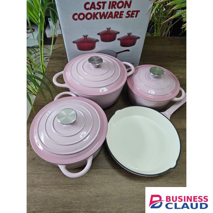 cast iron cookware set, pink dutch oven, cream skillet