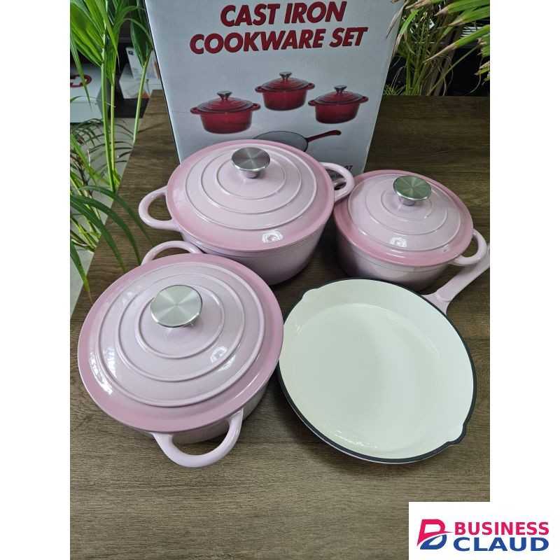 cast iron cookware set, pink dutch oven, cream skillet
