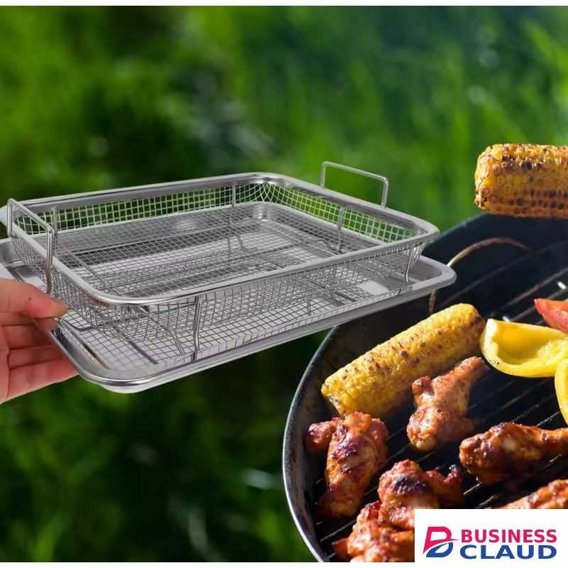 Heat resistant stainless steel French fries basket and tray set, durable and rust-proof for safe frying, baking, grilling, and serving. Ideal for home kitchens, restaurants, and parties, with easy cleaning and a sleek modern design.