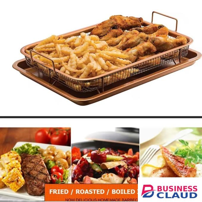Heat resistant stainless steel French fries basket and tray set, durable and rust-proof for safe frying, baking, grilling, and serving. Ideal for home kitchens, restaurants, and parties, with easy cleaning and a sleek modern design.