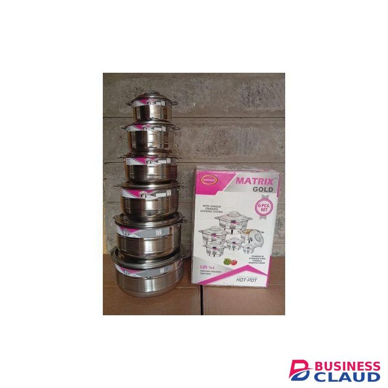 Matrix Gold 6Pcs With Unique Stainless Locking System Hotpot Kitchen Hot Pot Serving Dishes Stainless Steel Hotpots Serveware Set Keep Food Hot Or Cold 1200, 2400, 3600, 4800, 7500,10000ML