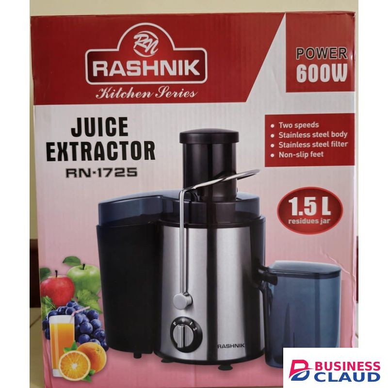 Rashnik 600W Juicer Extractor – 1.5L Capacity, Two-Speed, Anti-Slip Base, Modern Stainless Finish