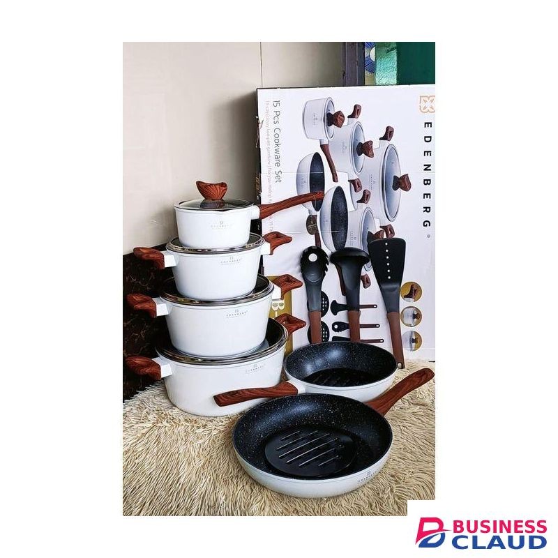 EDENBERG 15 Piece Non-Stick Cooking Pots with Utensils – Classy, Modern & Long-Lasting (Code 5622)