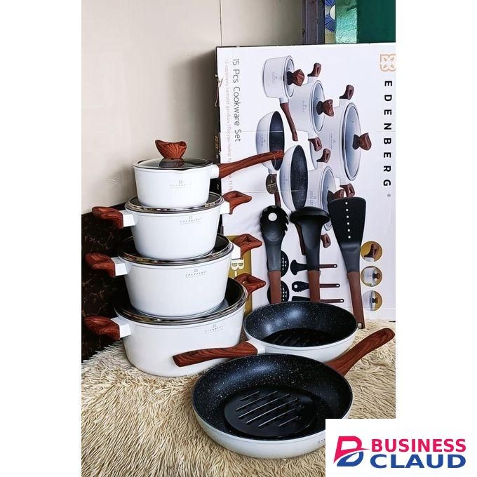 EDENBERG 15 Piece Non-Stick Cooking Pots with Utensils – Classy, Modern & Long-Lasting (Code 5622)