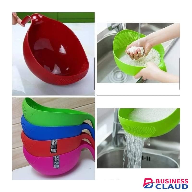 Multi-Functional Plastic Rice Washer Colander Strainer Bowl with Handle - Modern Round Washing, Draining, and Serving Basket for Fruits, Vegetables, and Grains. Blue, Red, Green, Pink