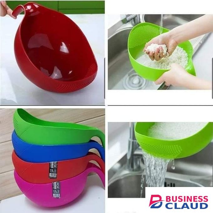 Multi-Functional Plastic Rice Washer Colander Strainer Bowl with Handle - Modern Round Washing, Draining, and Serving Basket for Fruits, Vegetables, and Grains. Blue, Red, Green, Pink