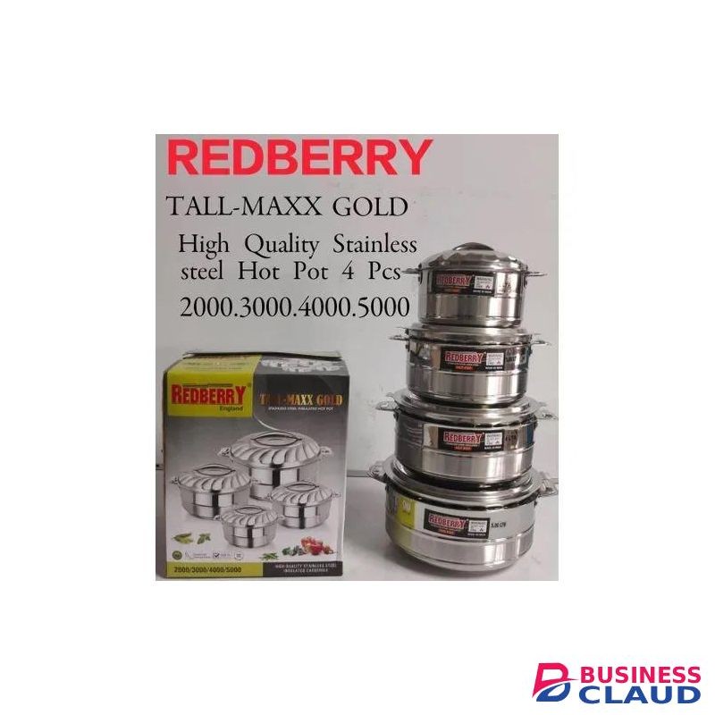 Redberry 4pcs Tall Maxx Gold Premier Range Of Insulated Stainless Steel Hotpots Serving Dish Hot Pot Sereware Set Casserole Hotpot (2000, 3000, 4000 And 5000ML)