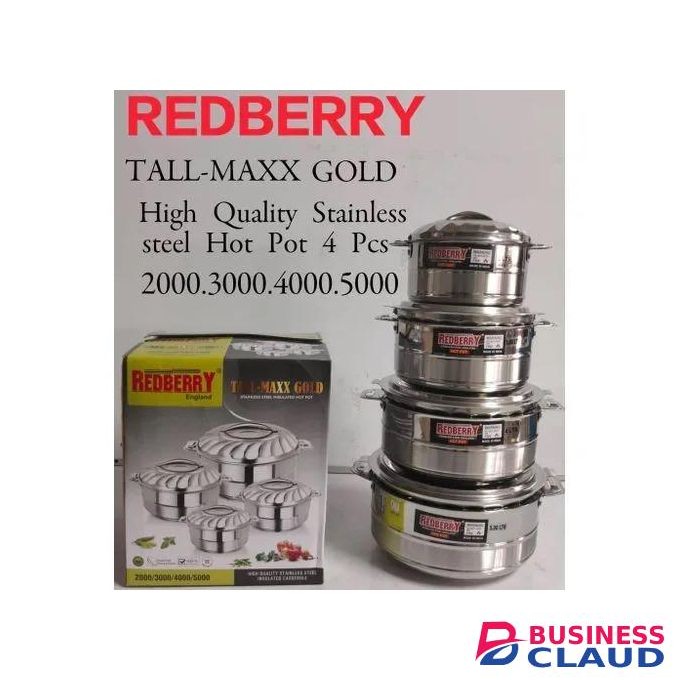 Redberry 4pcs Tall Maxx Gold Premier Range Of Insulated Stainless Steel Hotpots Serving Dish Hot Pot Sereware Set Casserole Hotpot (2000, 3000, 4000 And 5000ML)