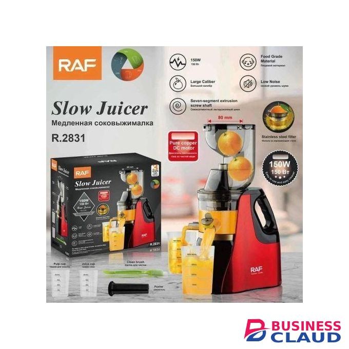 RAF 150W Slow Juice Extractor for Whole Fruits with a Large 80mm Inlet and Anti-Drip Function. 400ml Juice Jug and 400ml Pulp Collector. For Freshly Squeezed Juices.