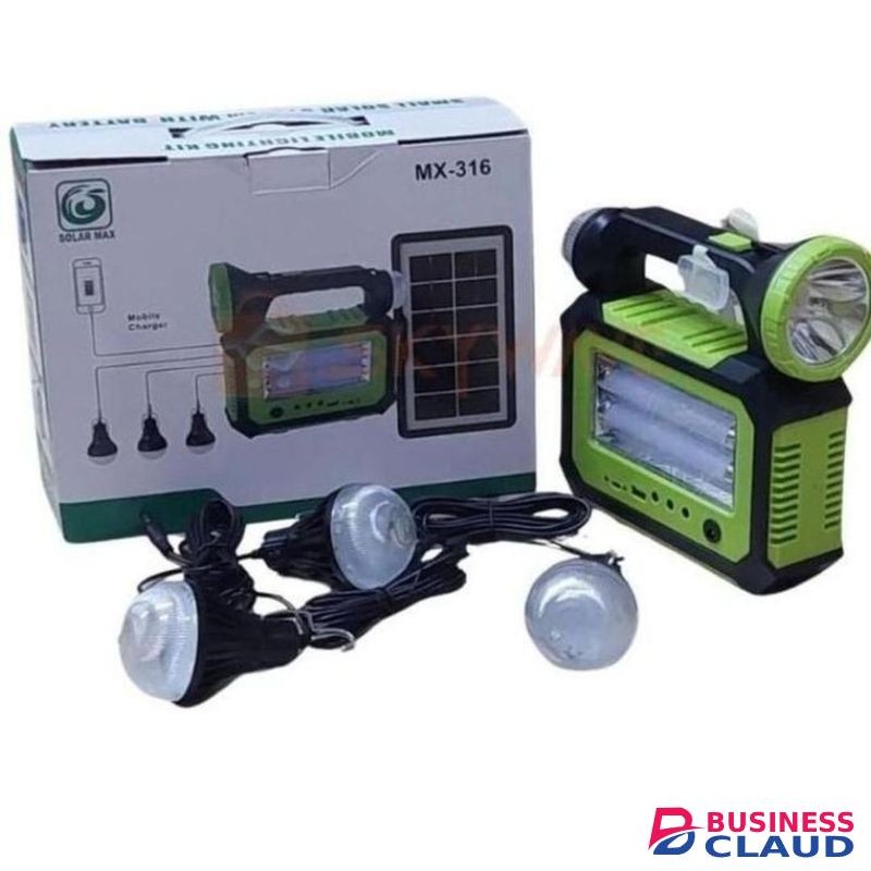 Solarmax Solar Lighting System Kit With 3 LED Lights, Solar Panel, Power Cable And Multiple Phone Charger