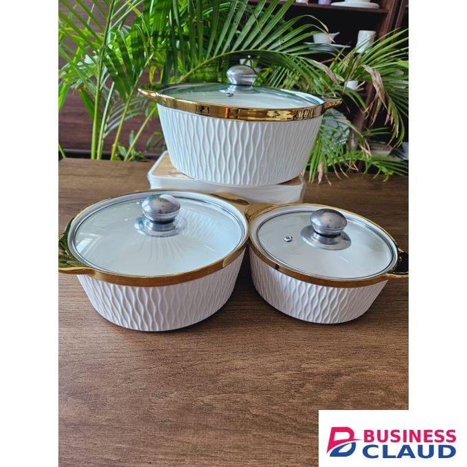 3-Piece Premium White Ceramic Casserole Cookware Set with Glass Lids – Modern Textured Design