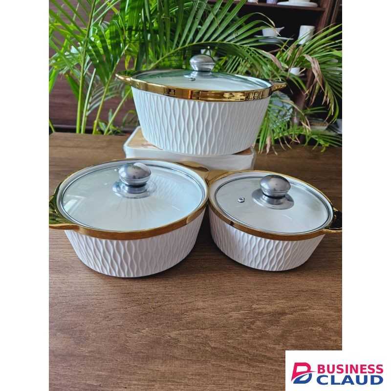 3-Piece Premium White Ceramic Casserole Cookware Set with Glass Lids – Modern Textured Design