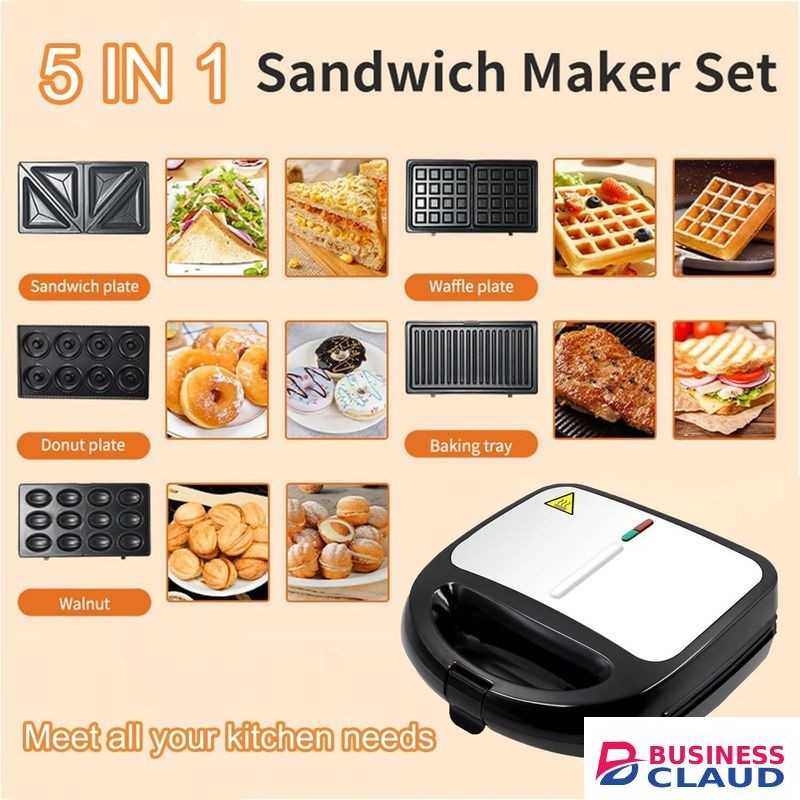 RAF Electric Quality 5-in-1 Sandwich Maker,750w Panini Presses,2-Slot Non-stick,Versatile Interchangeable Grill,With Indicator,Non-stick Coated Plates,Quick and Easy Meals,Maker a Sandwich,Donut,Waffle,Nut,Toster