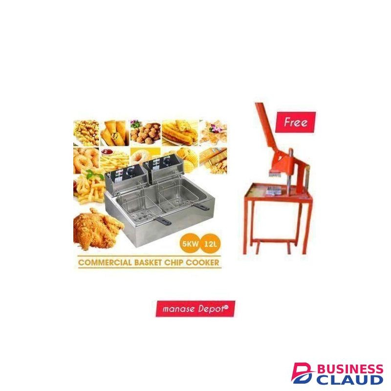Ecco Double Electric Chips Deep Fryer Machine + Commercial Chips Cutter – Heavy-Duty Stainless Steel Deep Fryer