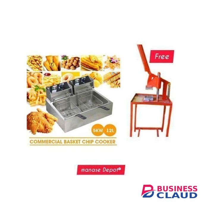 Ecco Double Electric Chips Deep Fryer Machine + Commercial Chips Cutter – Heavy-Duty Stainless Steel Deep Fryer