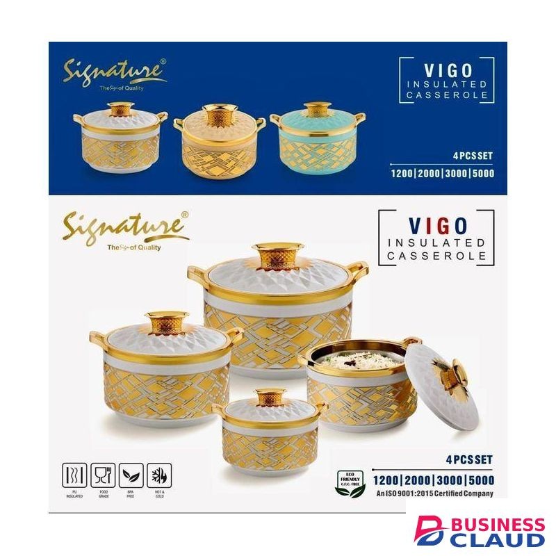 Signature 4pcs Vigo insulated casserole Plastic Designer Insulated Hotpots Serving Dish Casserole Set Hot Pot Serveware Set Serve or Keep Food Hot or Cold Size 1200/2000/3000/5000ML - Gold