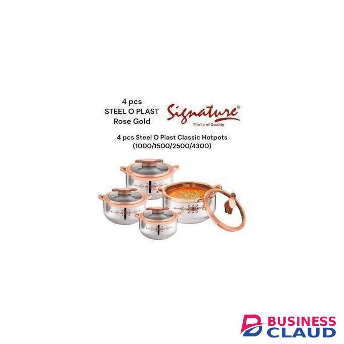 Signature 4pcs Steel O Plast Stainless Steel Hotpots Insulated Casserole Serving Dish Hot Pot Sereware Set Casserole 1000/1500/2500/4300ML - Black-Silver,Gold-Silver,Silver.