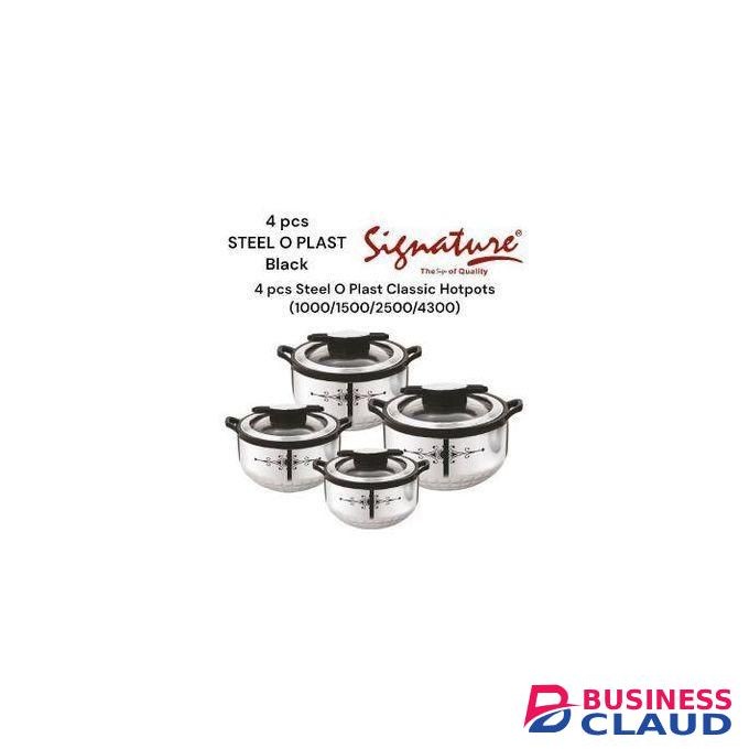 Signature 4pcs Steel O Plast Stainless Steel Hotpots Insulated Casserole Serving Dish Hot Pot Sereware Set Casserole 1000/1500/2500/4300ML - Black-Silver,Gold-Silver,Silver.