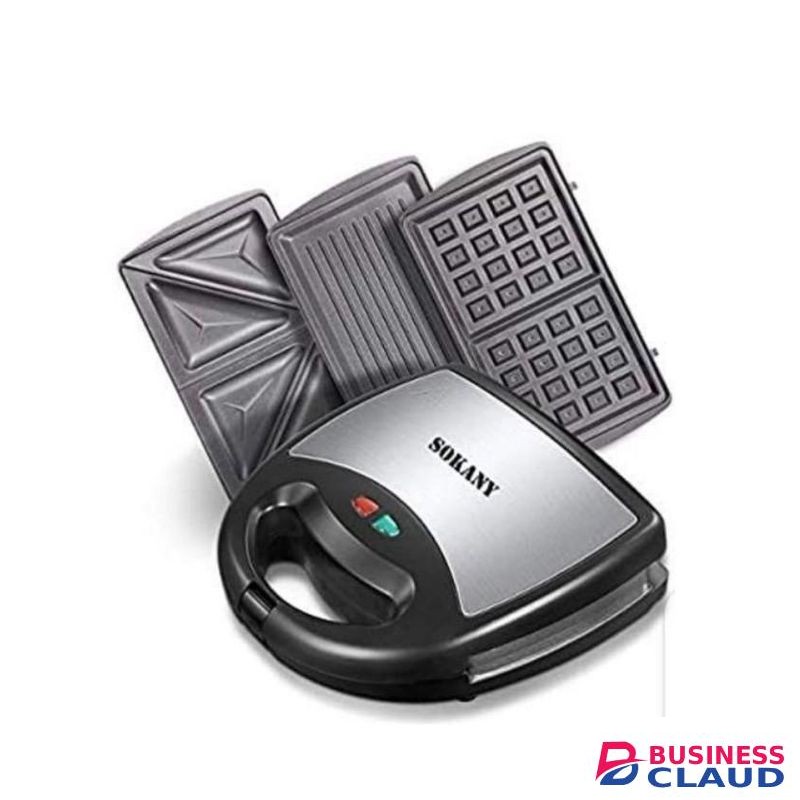 Sokany 3-in-1 Sandwich Maker with Removable Plates for Sandwiches, Waffles, Mini Treats, Paninis, Grills. Non-Stick Coated, Double-Sided Plates. 750W Power.
