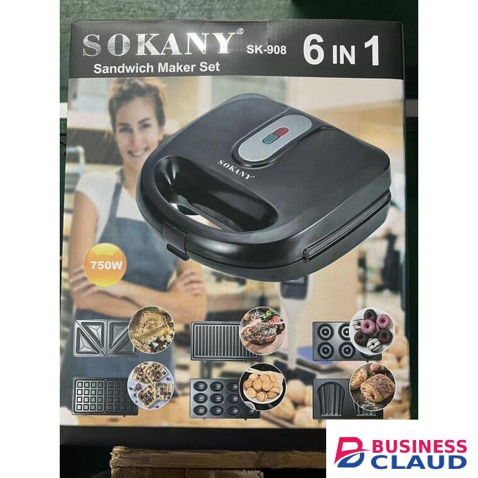 Sokany 750W Sandwich Maker, Waffle Maker Set with 6 Removable Non-Stick Plates, Portable Handle, LED Indicator Lights, for Breakfast Sandwiches Mini Waffles Bacon and Steak, Black (6 IN 1)