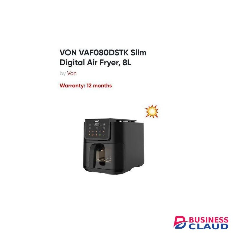 VON VAF080DSTK Slim Digital Air Fryer – 8 Litres