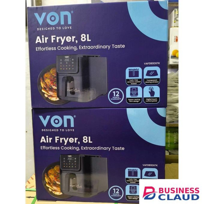 VON Digital Air Fryer Machine Slim Design 8 Preset Cooking Programs: One-touch settings for Fries, Chicken, Fish, Cake, Pizza, Roast, Reheat, and Dehydrate.