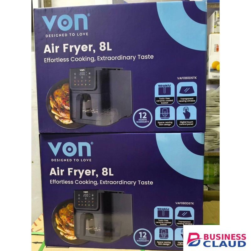 VON Digital Air Fryer Machine Slim Design 8 Preset Cooking Programs: One-touch settings for Fries, Chicken, Fish, Cake, Pizza, Roast, Reheat, and Dehydrate.