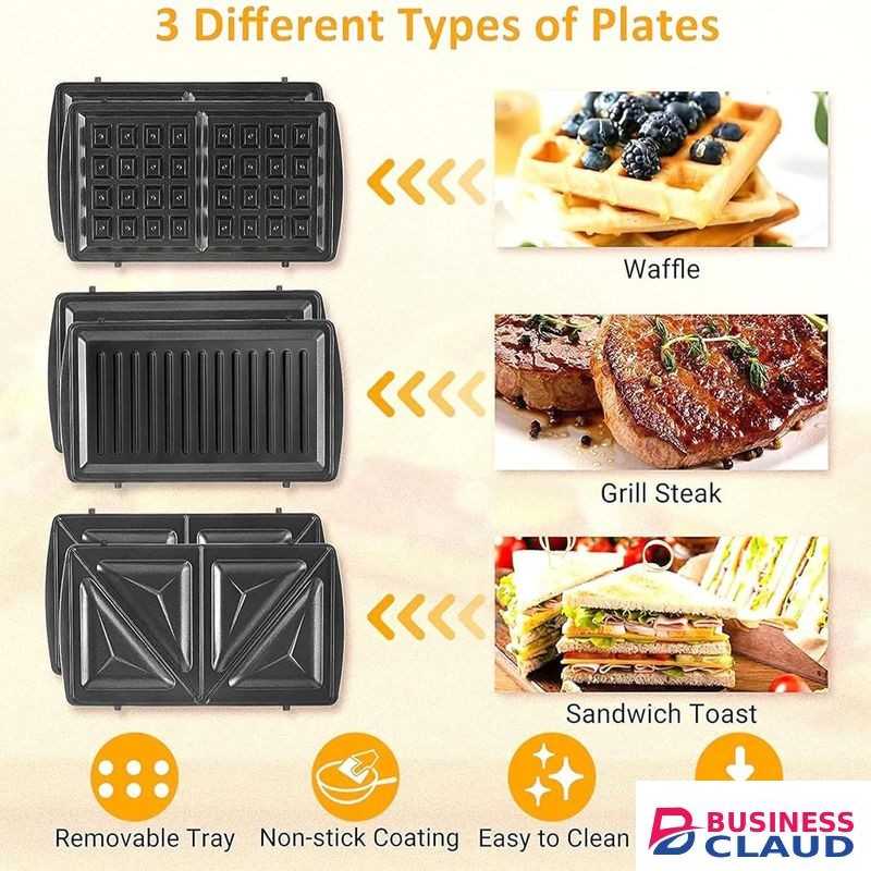 Sokany 750W Sandwich Maker 2 Slot Non-Stick 3in1 Interchangable Sandwich Grill And Waffle Maker, With Indicator