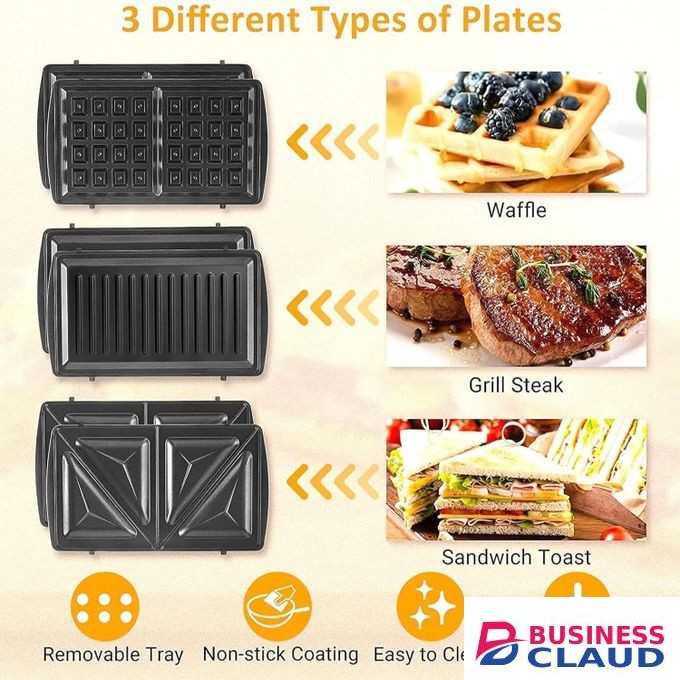 Sokany 750W Sandwich Maker 2 Slot Non-Stick 3in1 Interchangable Sandwich Grill And Waffle Maker, With Indicator