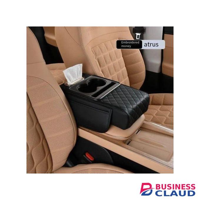 Multifunctional PU Leather Car Armrest Box Mat, 5 in 1 Armrest Cushion Center Console Cover with 2 Storage Bags Cup Holder, Tissue Box Slot, Phone Slot for Most Cars