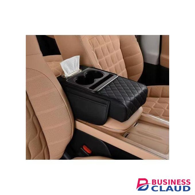 Multifunctional PU Leather Car Armrest Box Mat, 5 in 1 Armrest Cushion Center Console Cover with 2 Storage Bags Cup Holder, Tissue Box Slot, Phone Slot for Most Cars