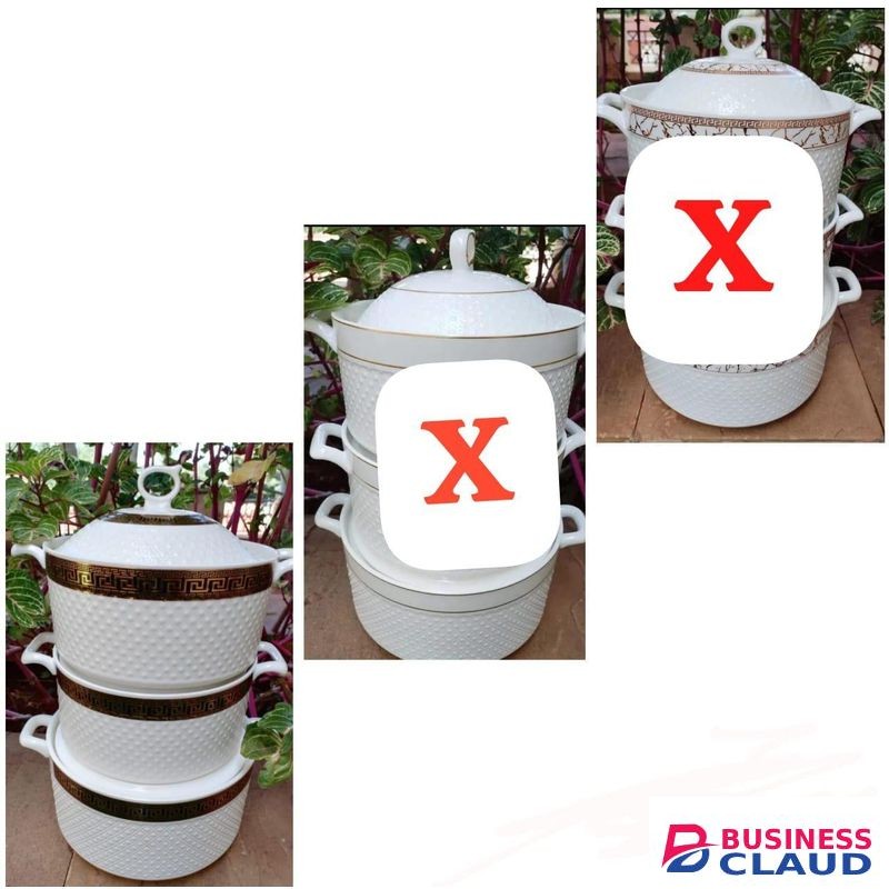 3pcs Ceramic Serving Set 3L + 3L + 4L Elegant Porcelain Dishes with Matching Lids and Trays for Dining, Kitchen, Buffet and Party Use, Heat Resistant, Durable and Easy to Clean Tableware
