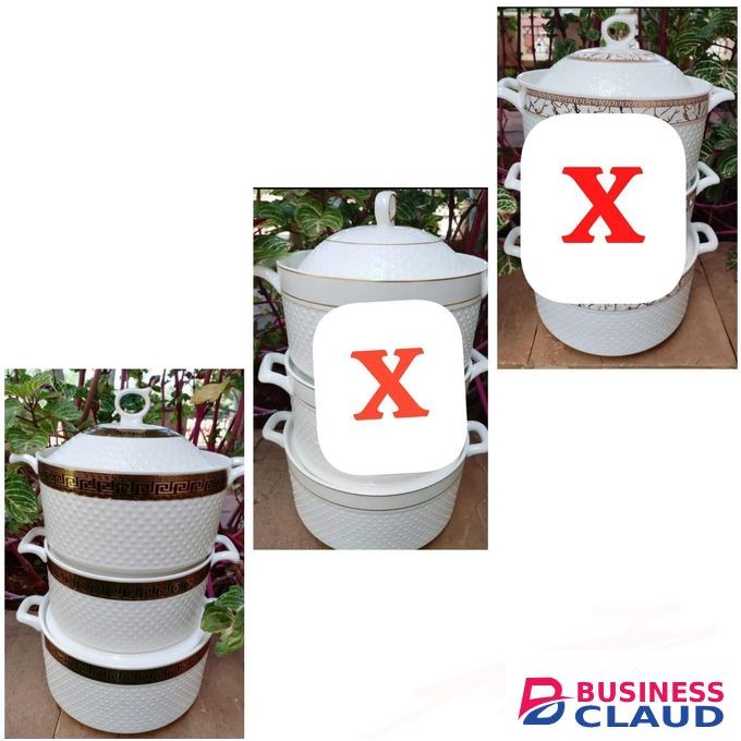 3pcs Ceramic Serving Set 3L + 3L + 4L Elegant Porcelain Dishes with Matching Lids and Trays for Dining, Kitchen, Buffet and Party Use, Heat Resistant, Durable and Easy to Clean Tableware