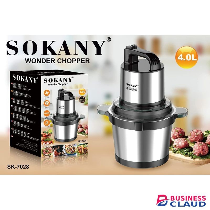 Sokany Food Processor 800W – 4L Capacity Electric Chopper with Four Sharp Spiral Blades, Stainless Steel Motor, Multi-Function Meat, Vegetable & Fruit Grinder