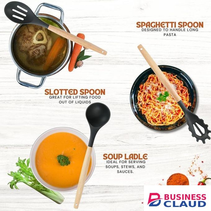 12 PCS Kitchen Cooking Utensils Set, Non Stick Silicone Utensil Set 446°F Heat Resistant, Wooden Handle Silicone Cookware Set