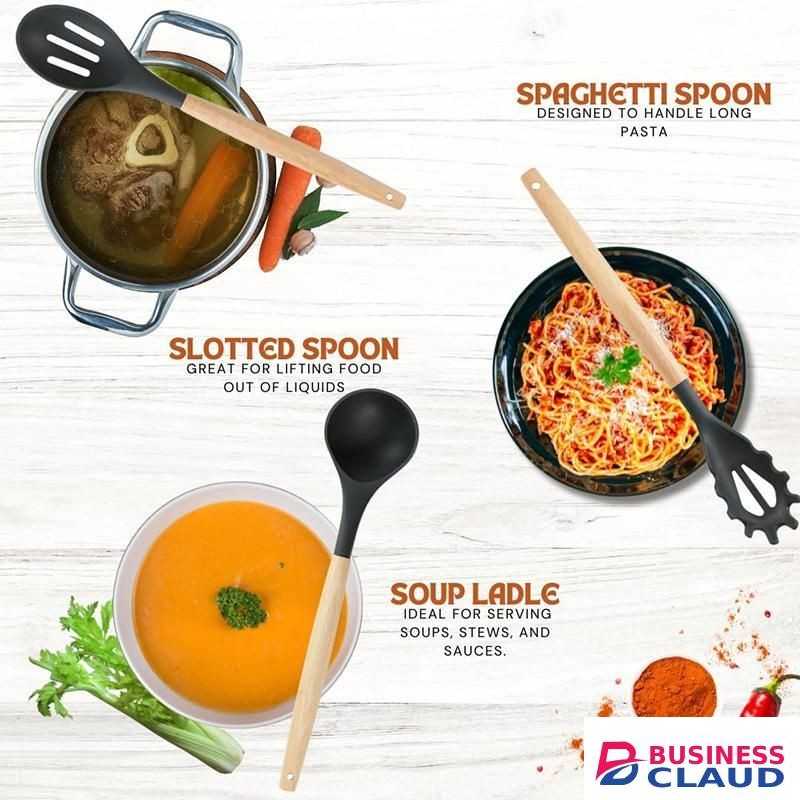 12 PCS Kitchen Cooking Utensils Set, Non Stick Silicone Utensil Set 446°F Heat Resistant, Wooden Handle Silicone Cookware Set