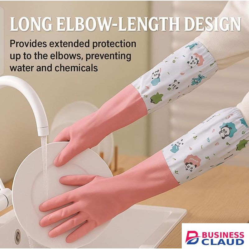 A Pair of Reusable Heavy Duty Hand Gloves for Dishwashing, Gardening, Kitchen Cleaning Non-Slippery & Durable Long Elbow Length(Inner Cotton Lining for Comfort) (Long Gloves) (Multicolor)