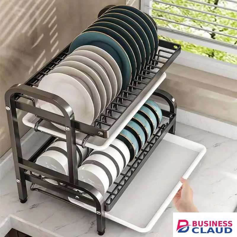 Kitchen Kits Dish Drying Rack-2 Tier Kitchen top with cutleryholder, cutting board holder,draining board tray