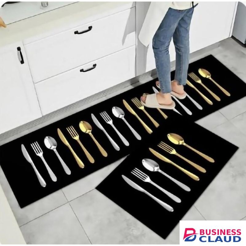 2 Pcs Kitchen Non Slip Mat With Rubber - Spoon,fork,knife Design
