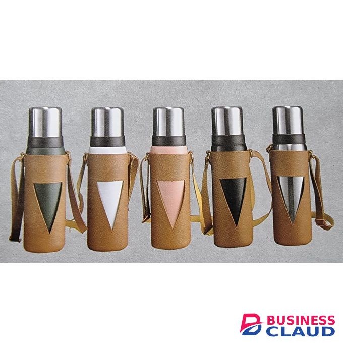 1200ml Camping Thermocup in Leather Carrier Bag Stainless Steel Outdoor Travel Mug Hot & Cold Water Flask Portable Insulated Coffee Cup for Hiking & Adventures