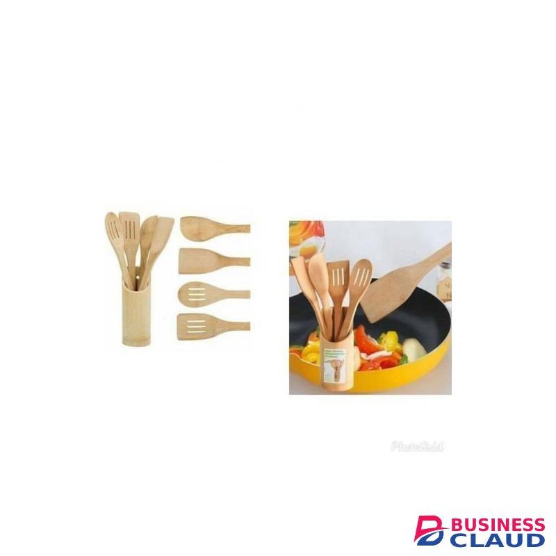 4pcs +1 Holder Bamboo Wooden Cooking Spoons Utensils Set