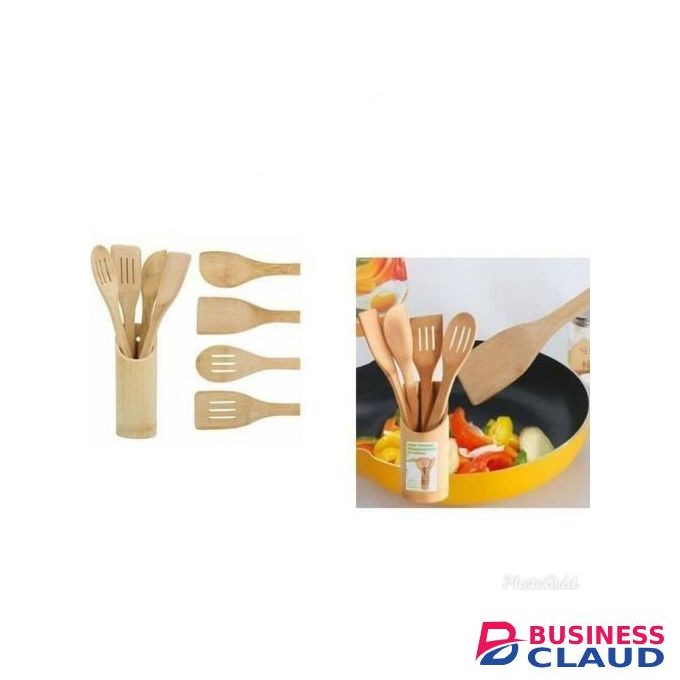 4pcs +1 Holder Bamboo Wooden Cooking Spoons Utensils Set