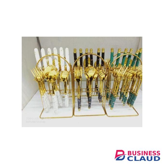 24 Pcs Gold Cutlery Set And Holder-Green Handle