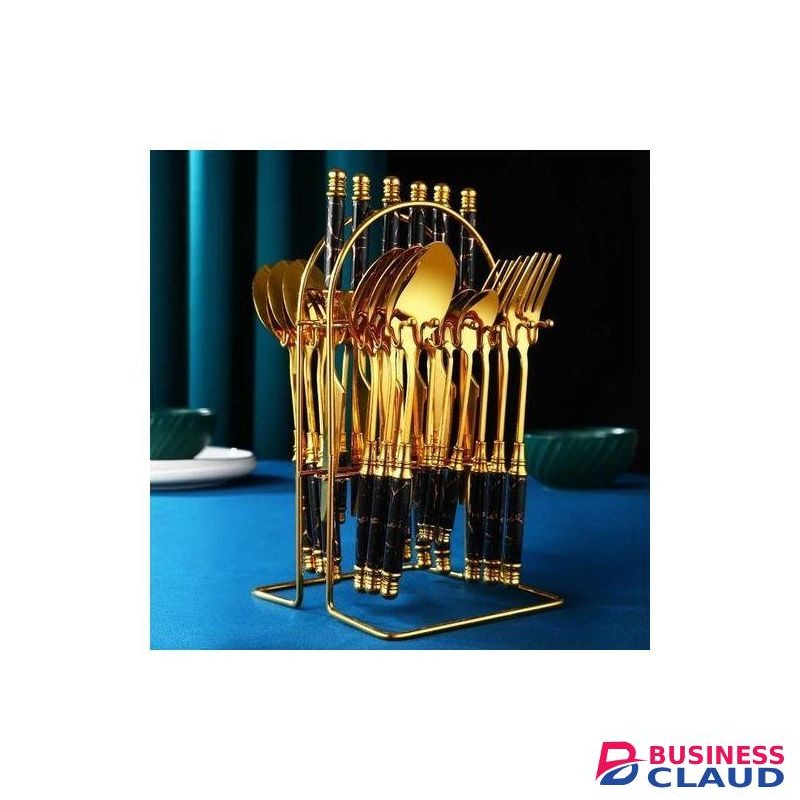 24 Pcs Gold Cutlery Set And Holder-Green Handle