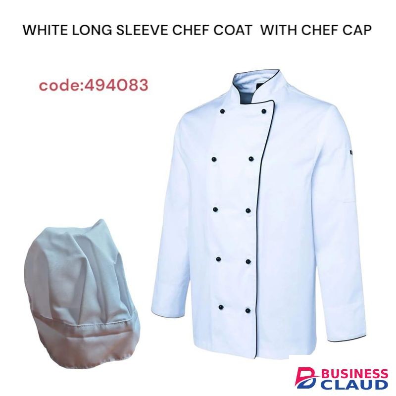 White Long Sleeve Chef Coat with Cap, Professional Kitchen Jacket for Chefs, Bakers, and Culinary Staff, Durable Breathable Workwear Uniform with Matching Hat for Restaurants and Catering